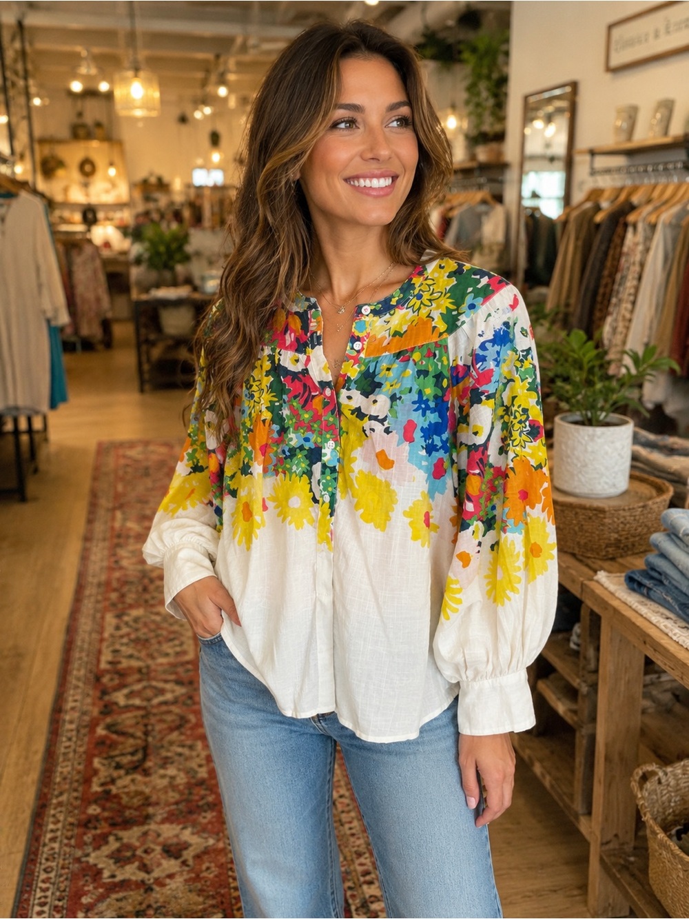 Sarah Campbell for Anthropologie Floral Button Front Blouse Medium Boho Cotton